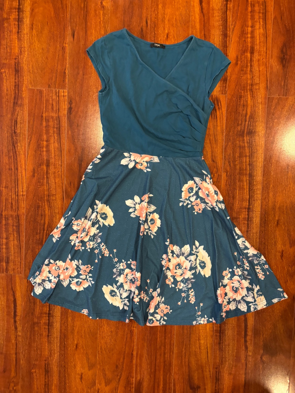 Teal Floral Fit-and-Flare Dress with Pink & Cream Blooms